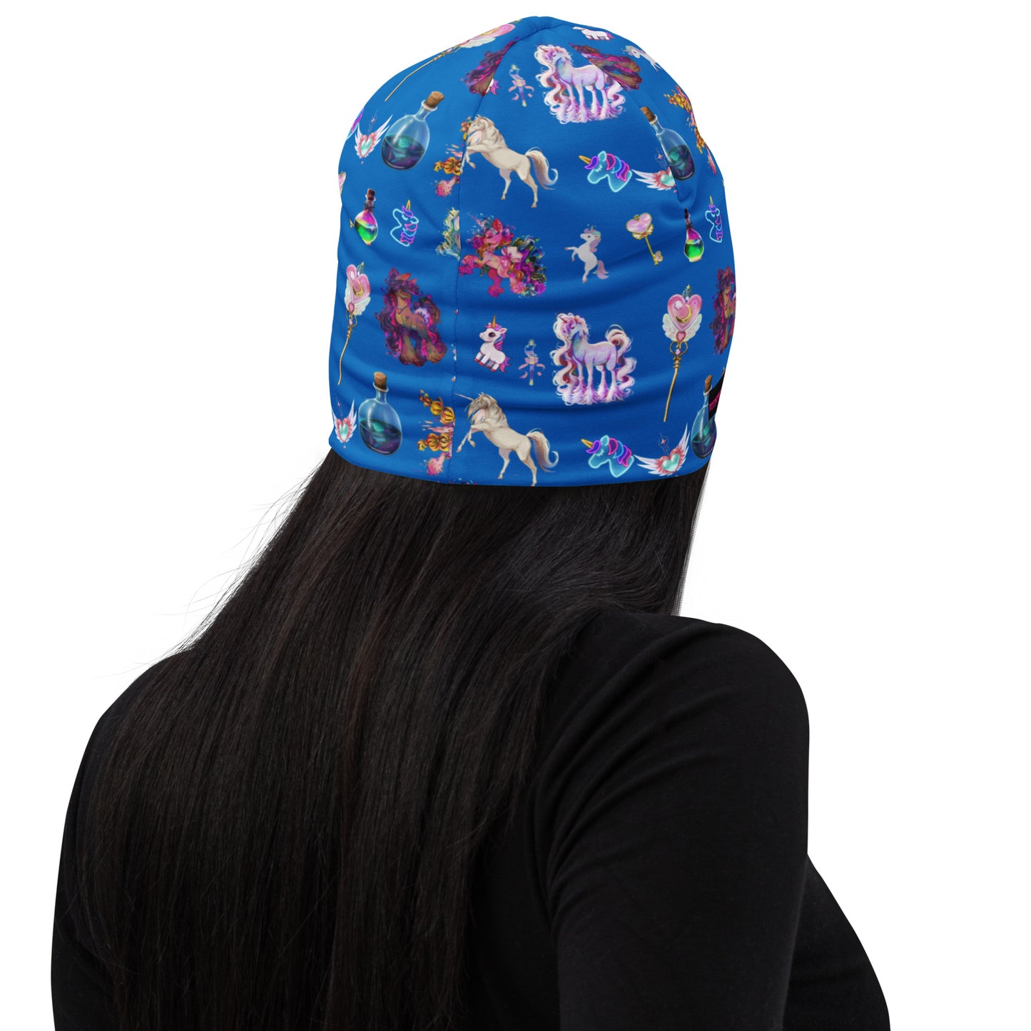 All-over print white beanie featuring celestial unicorn and field study design by Eccentric Chemistry's Laboratory of Strange & Stylish Things.