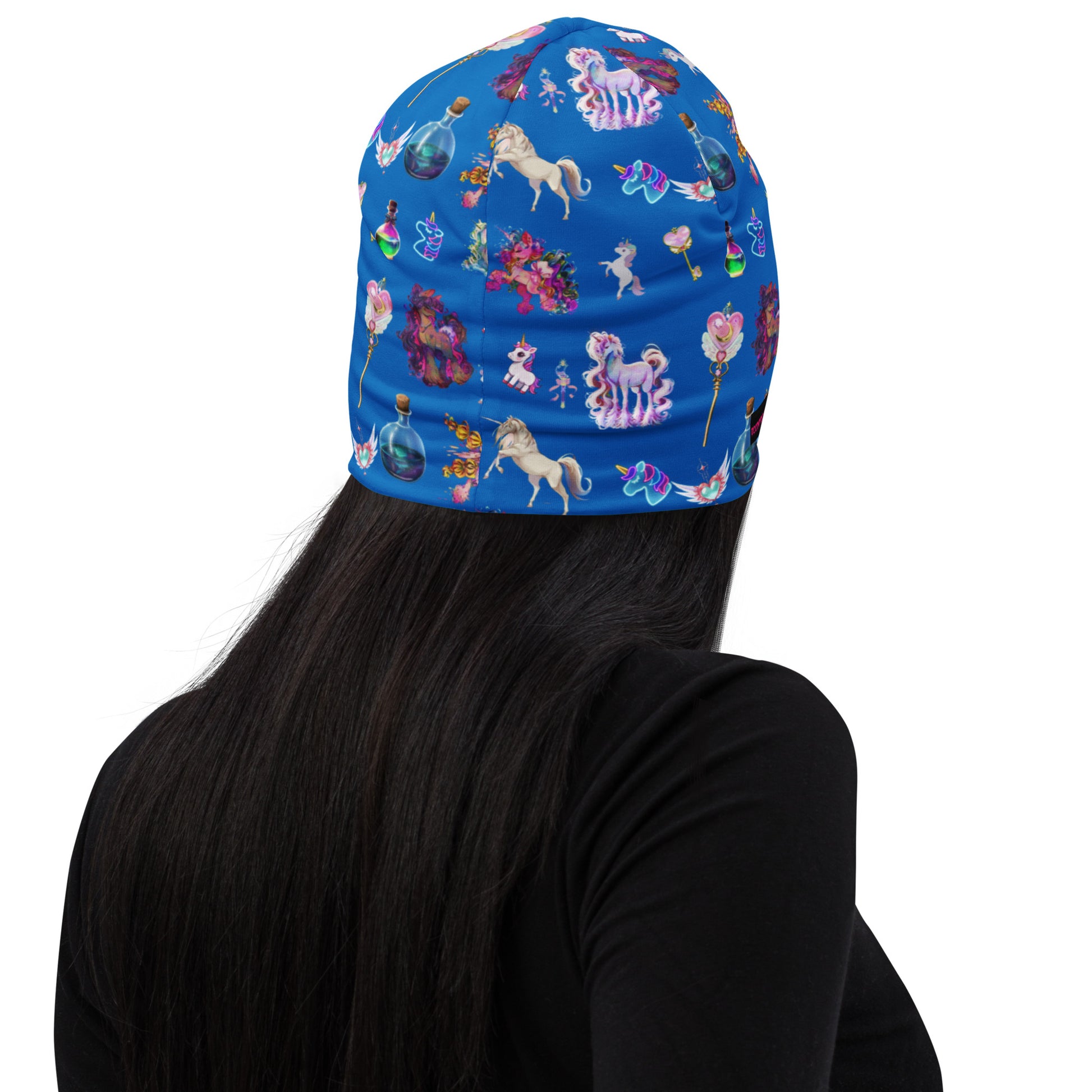 All-over print white beanie featuring celestial unicorn and field study design by Eccentric Chemistry's Laboratory of Strange & Stylish Things.