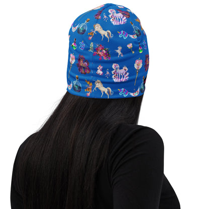 All-over print white beanie featuring celestial unicorn and field study design by Eccentric Chemistry's Laboratory of Strange & Stylish Things.