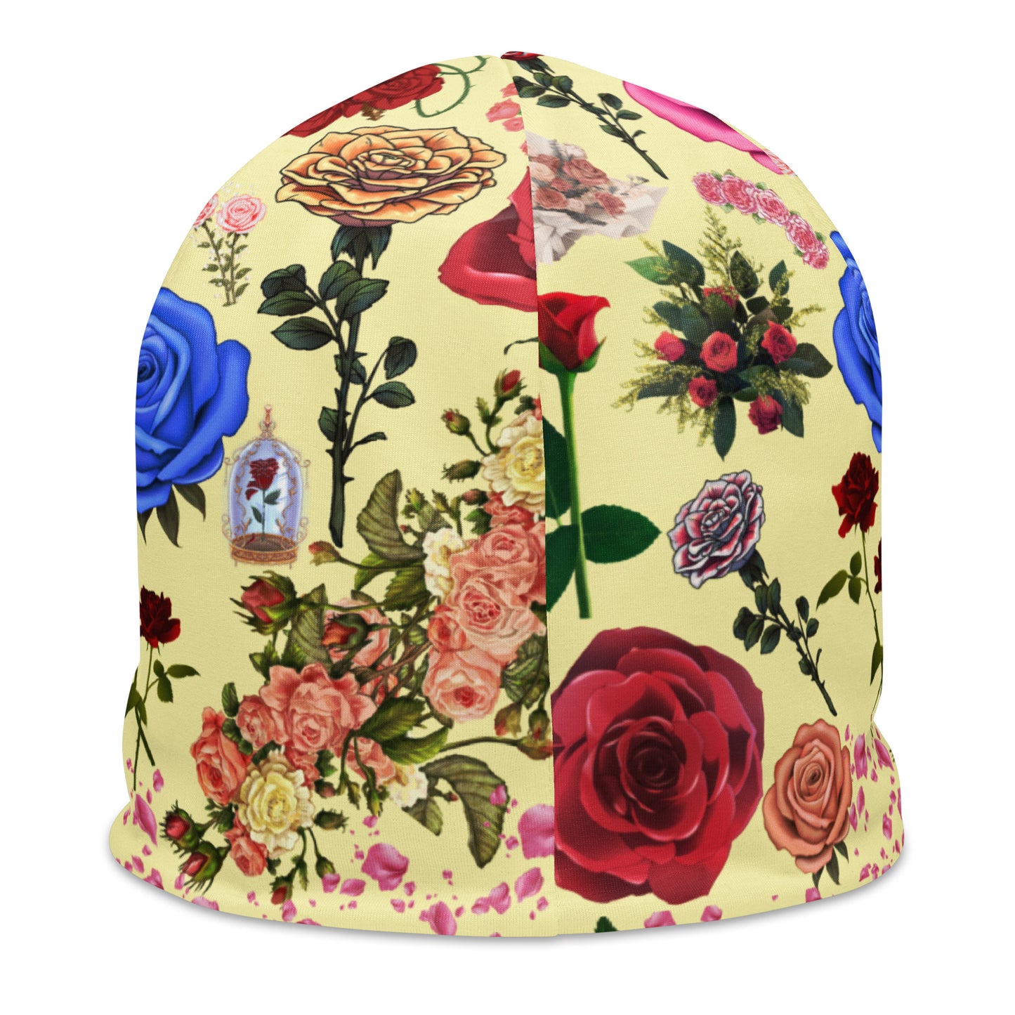 Eccentric Chemistry floral print beanie from the Laboratory of Strange & Stylish Things, all-over white and colorful floral design.