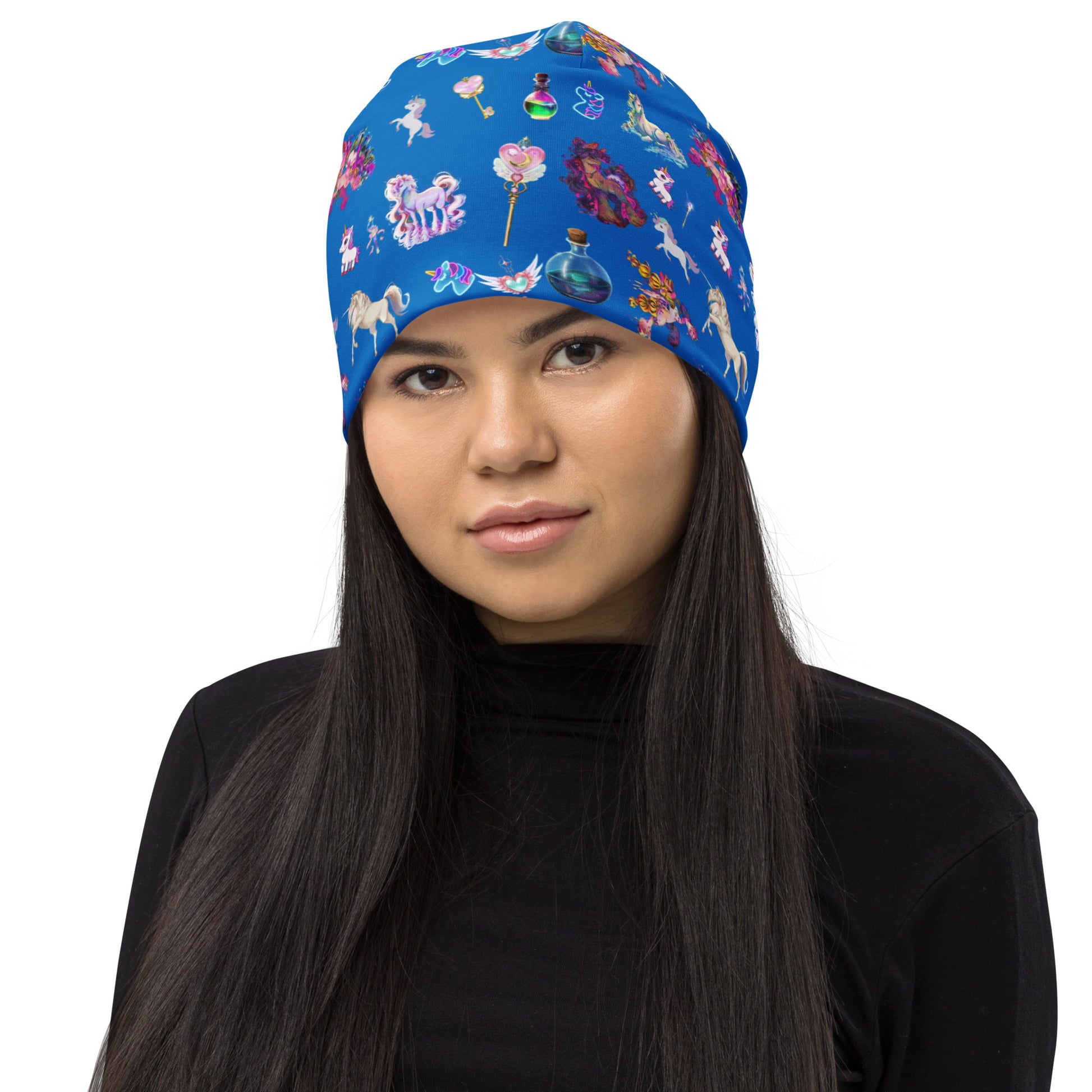 White all-over print beanie with celestial unicorn and field study designs by Eccentric Chemistry’s Laboratory of Strange & Stylish Things.