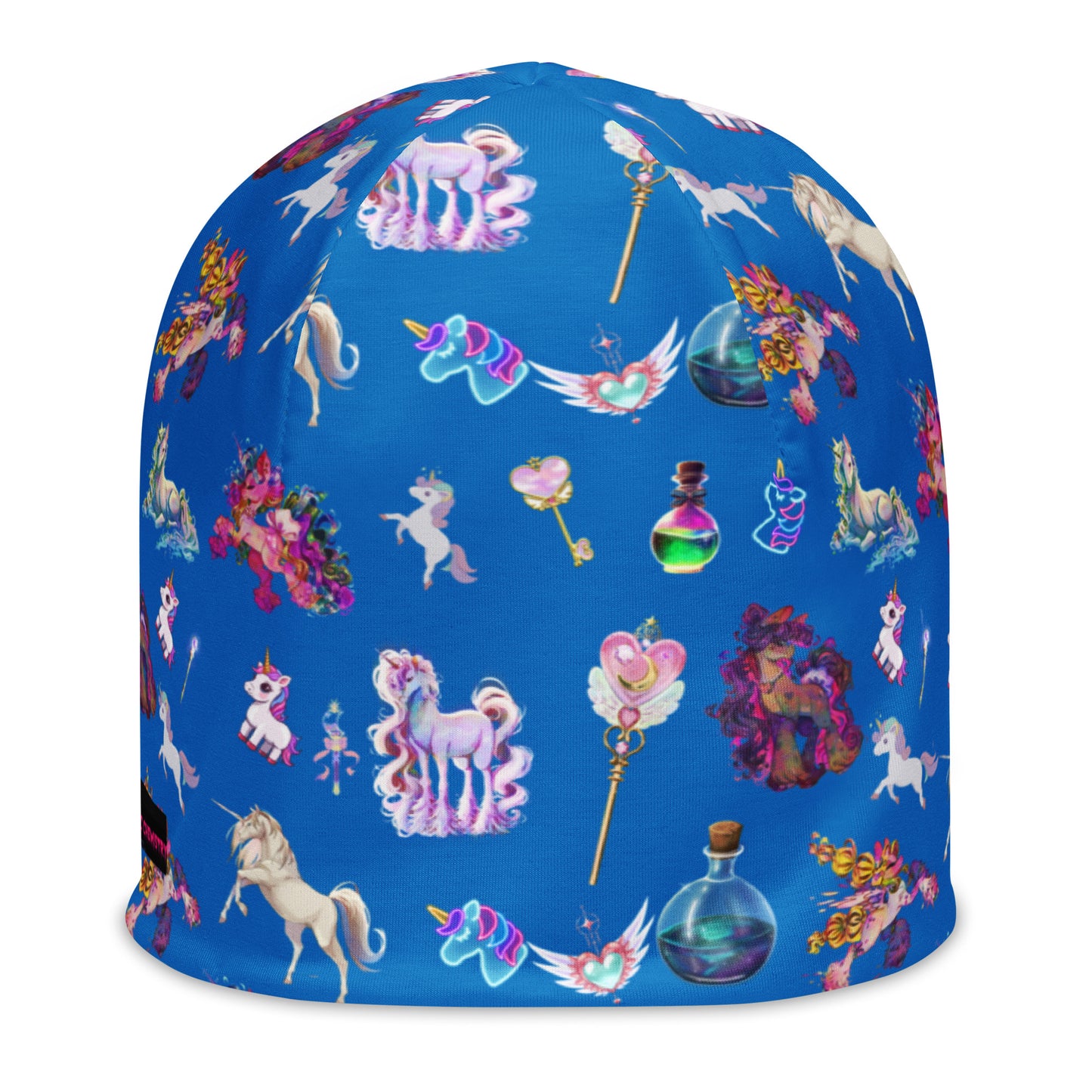 White all-over print beanie featuring celestial unicorn and field study designs by Eccentric Chemistry's laboratory.