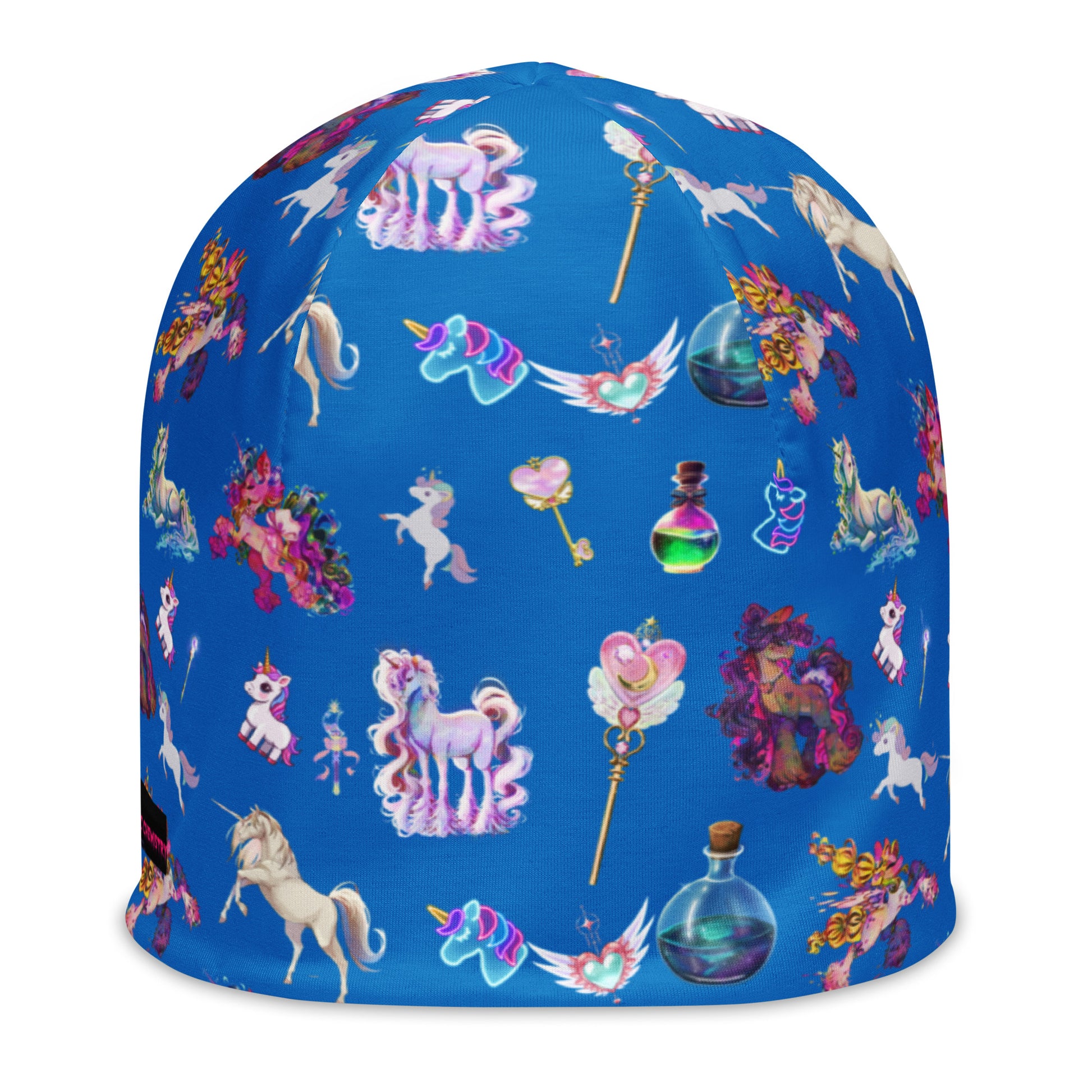 White all-over print beanie featuring celestial unicorn and field study designs by Eccentric Chemistry's laboratory.