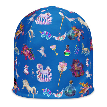White all-over print beanie featuring celestial unicorn and field study designs by Eccentric Chemistry's laboratory.