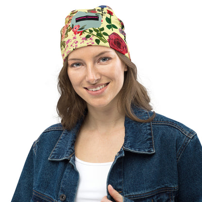 White floral print beanie from Eccentric Chemistry's Laboratory of Strange & Stylish Things, featuring all-over floral design and casual style.