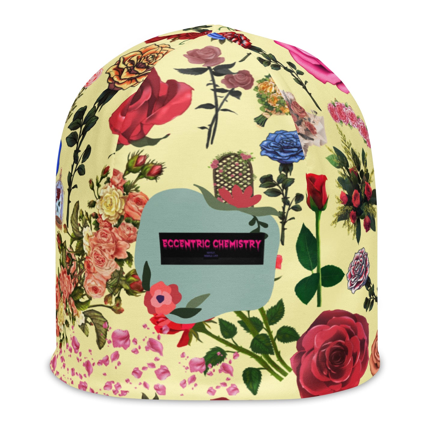 Eccentric Chemistry floral print beanie from the Laboratory of Strange & Stylish Things, featuring an all-over white floral design.