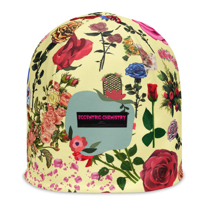 Eccentric Chemistry floral print beanie from the Laboratory of Strange & Stylish Things, featuring an all-over white floral design.