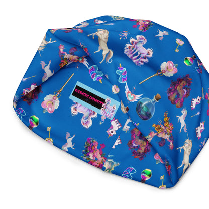 All-over print celestial unicorn beanie by Eccentric Chemistry, featuring a colorful cosmic and unicorn design on a white background.