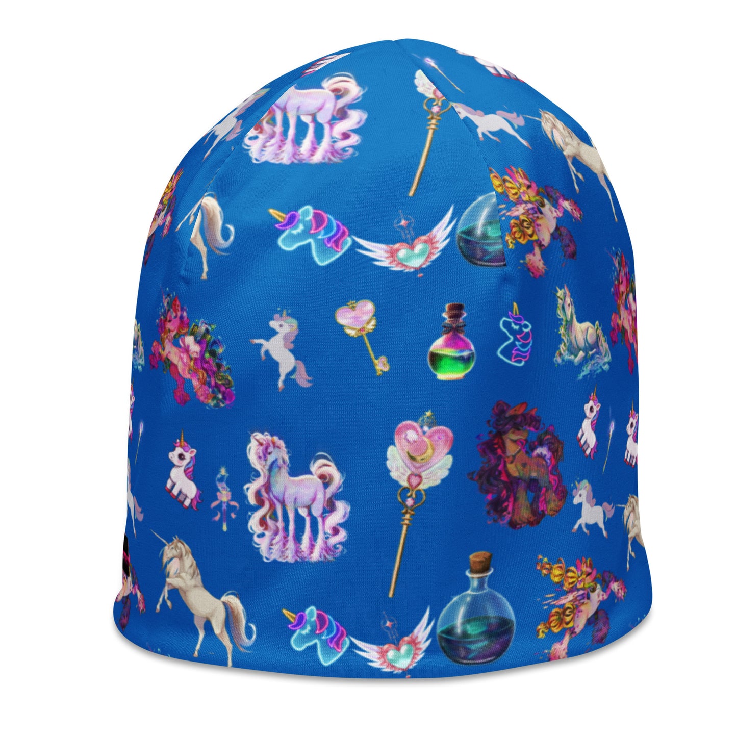All-over print white beanie featuring celestial unicorn and field study design from Eccentric Chemistry's CUT-SEW collection.