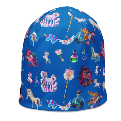 All-over print white beanie featuring celestial unicorn and field study design from Eccentric Chemistry's CUT-SEW collection.