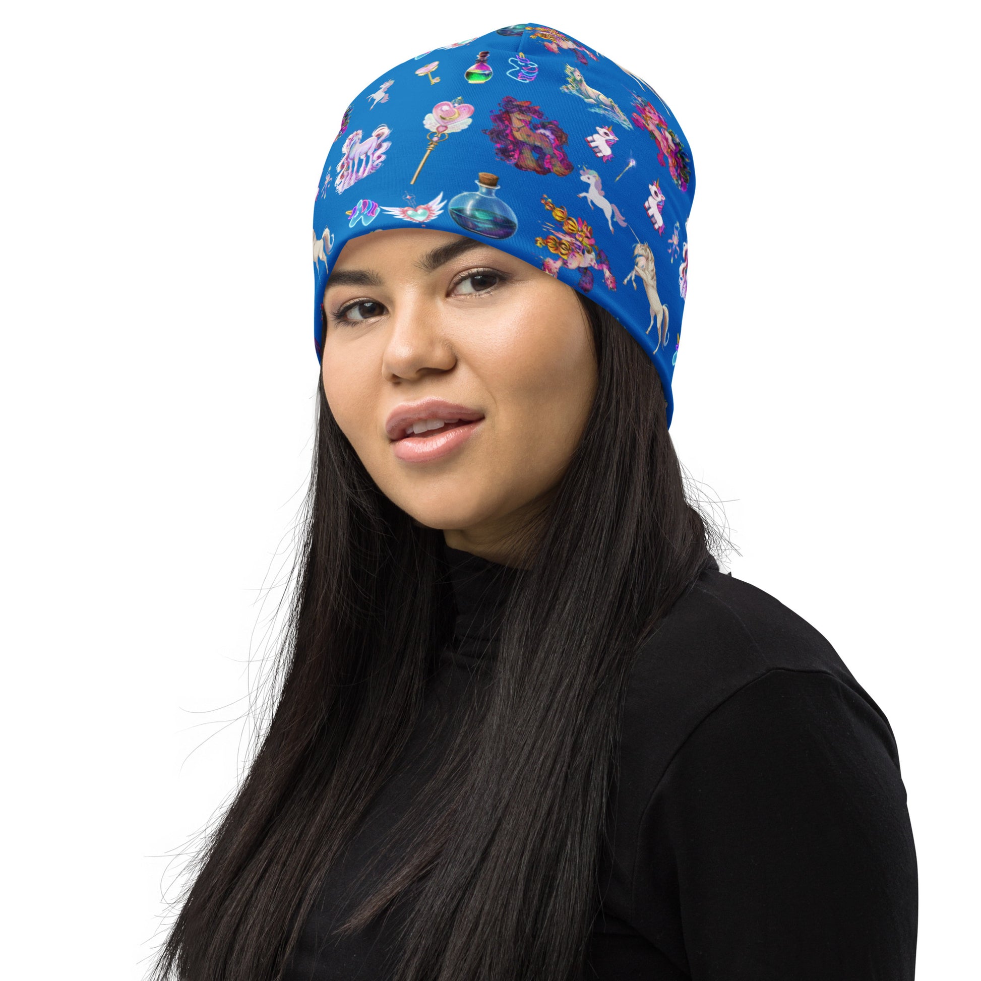 All-over print white beanie with celestial unicorns and abstract designs from Eccentric Chemistry’s Laboratory of Strange & Stylish Things.