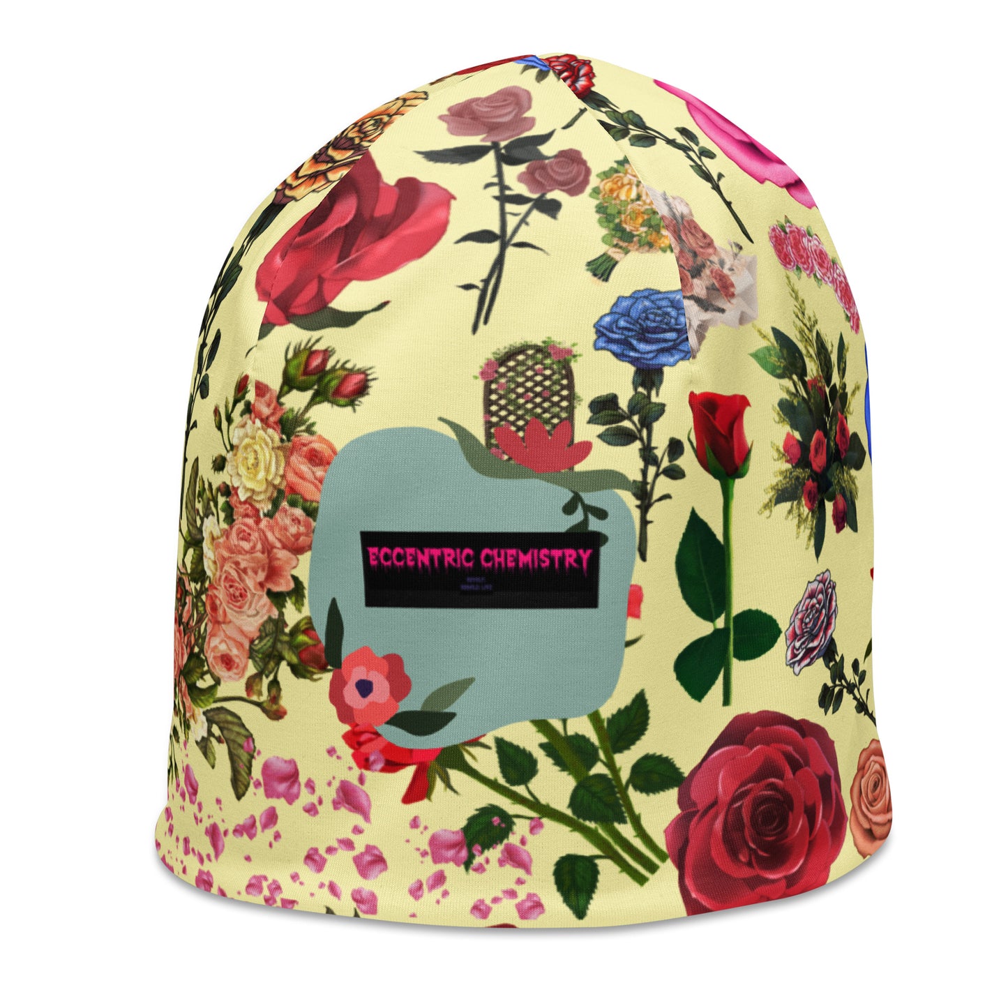 White floral print beanie from Eccentric Chemistry's Laboratory of Strange & Stylish Things, featuring all-over colorful floral designs.