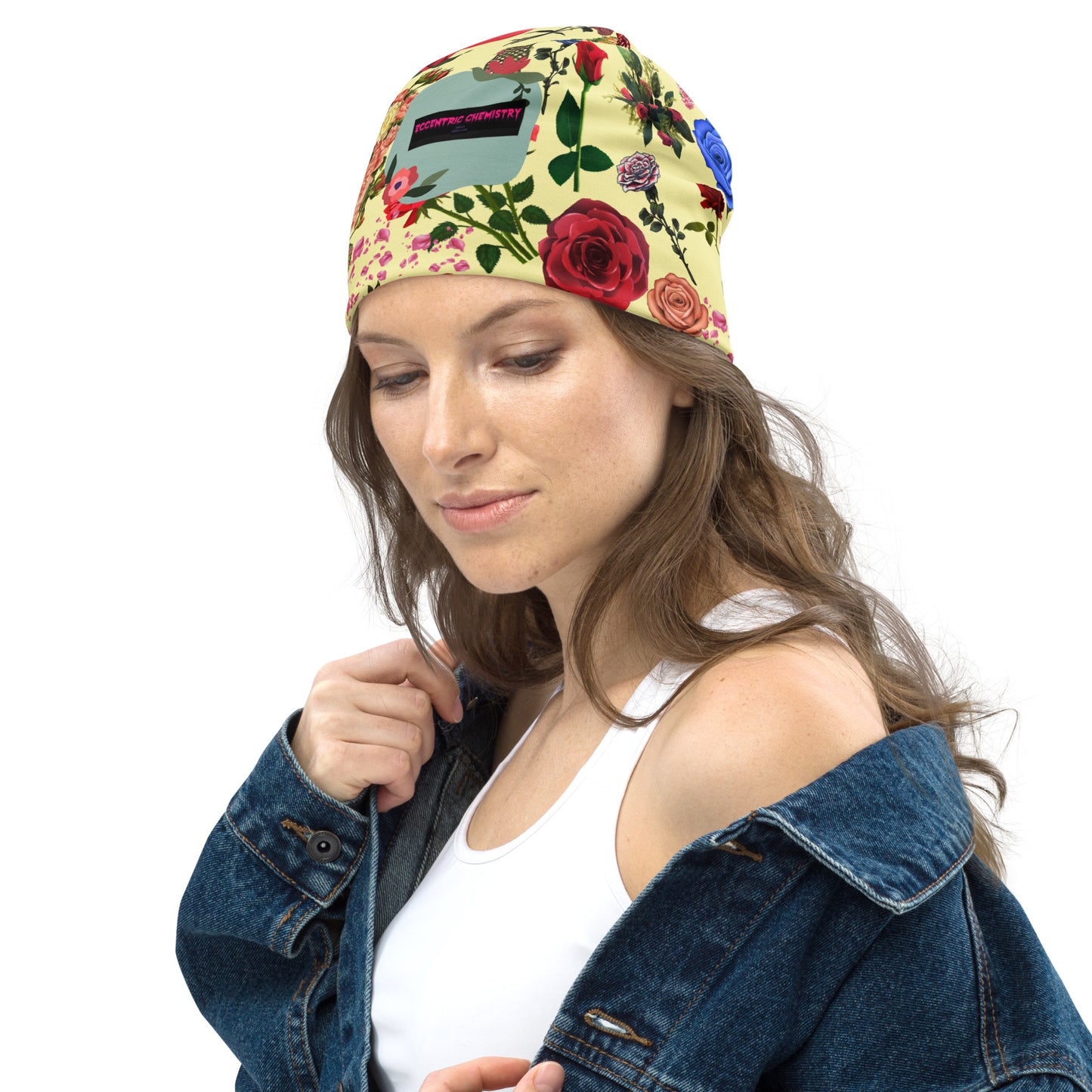 Eccentric Chemistry floral print beanie, white all-over design, stylish cut-sew knit hat with colorful botanical patterns.