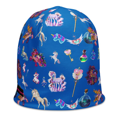 White all-over print beanie featuring celestial unicorn and field study design from Eccentric Chemistry's laboratory, front view.
