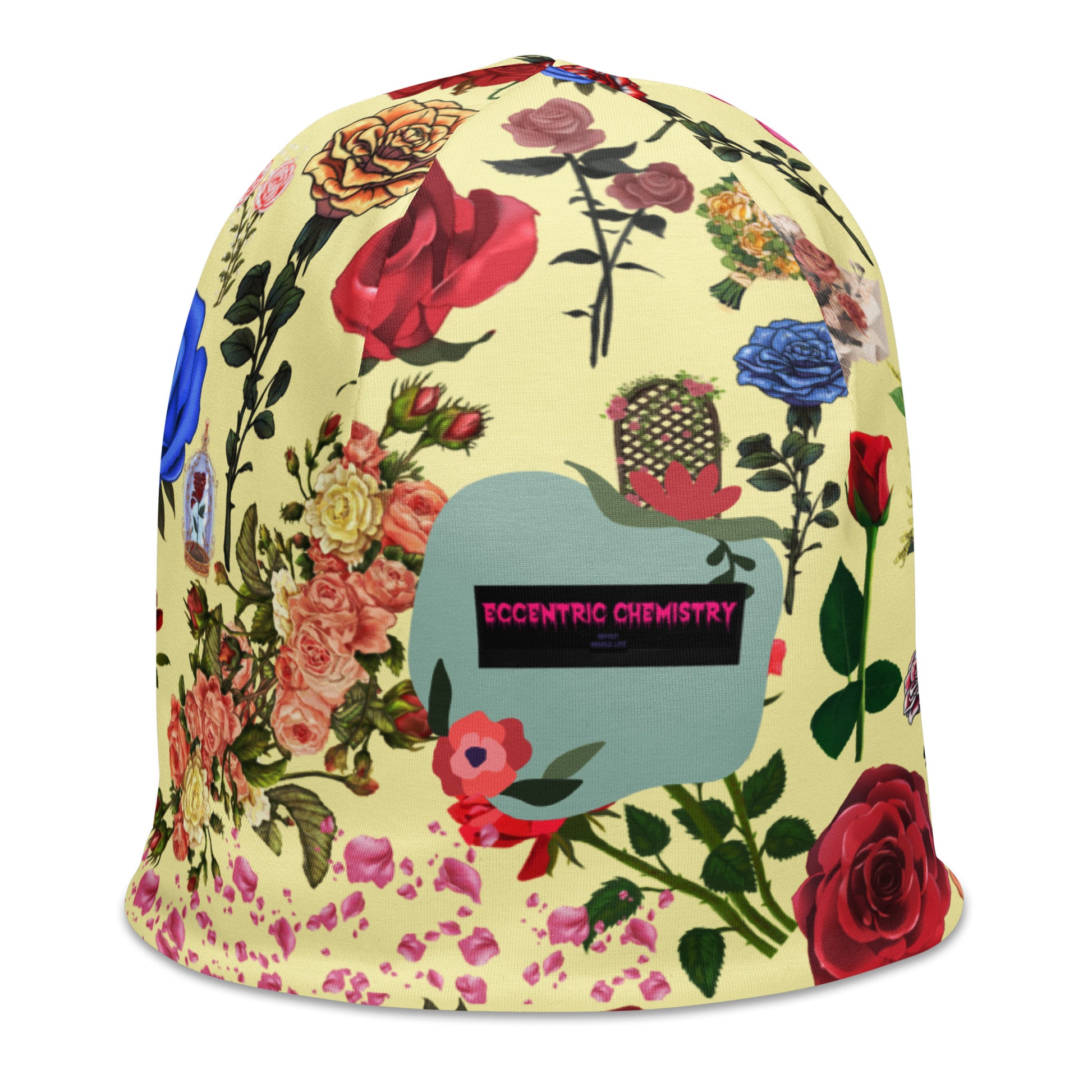 White floral print beanie from Eccentric Chemistry’s Laboratory of Strange & Stylish Things, featuring an all-over floral design.