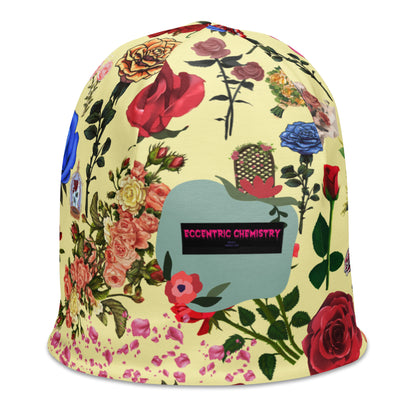 White floral print beanie from Eccentric Chemistry’s Laboratory of Strange & Stylish Things, featuring an all-over floral design.