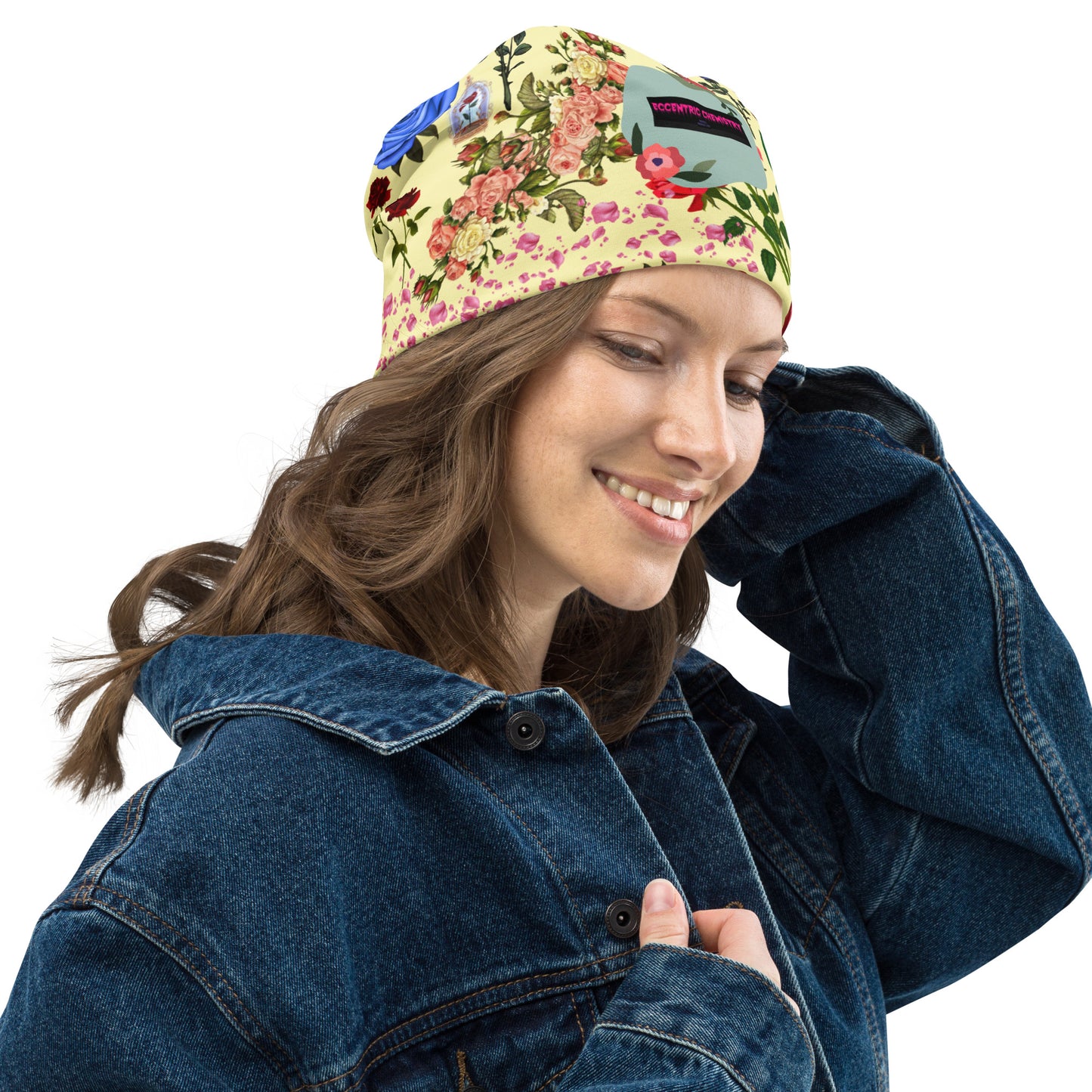 White floral print beanie from Eccentric Chemistry’s Laboratory of Strange & Stylish Things, featuring all-over floral pattern and casual style.