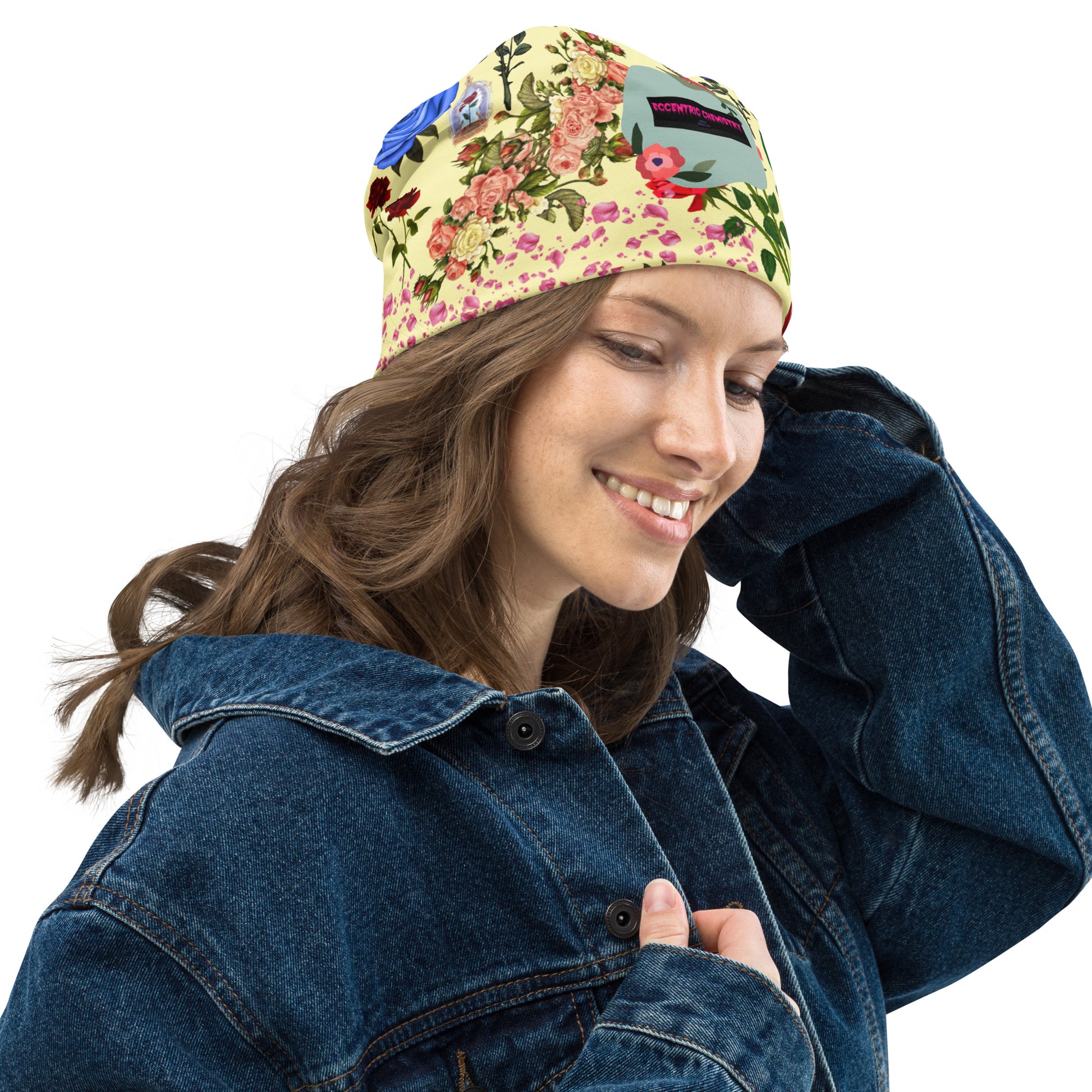White floral print beanie from Eccentric Chemistry’s Laboratory of Strange & Stylish Things, featuring all-over floral pattern and casual style.