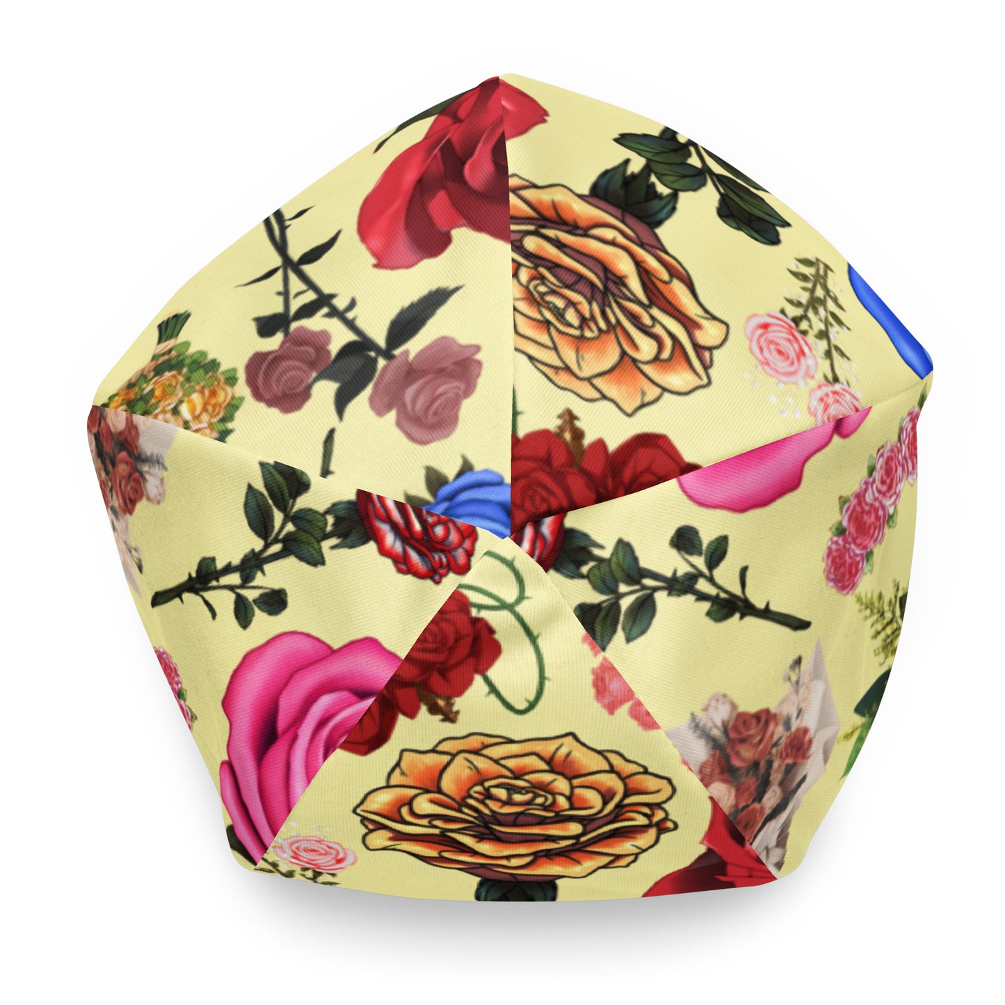 White floral print beanie by Eccentric Chemistry’s Laboratory of Strange & Stylish Things, featuring all-over colorful floral designs.