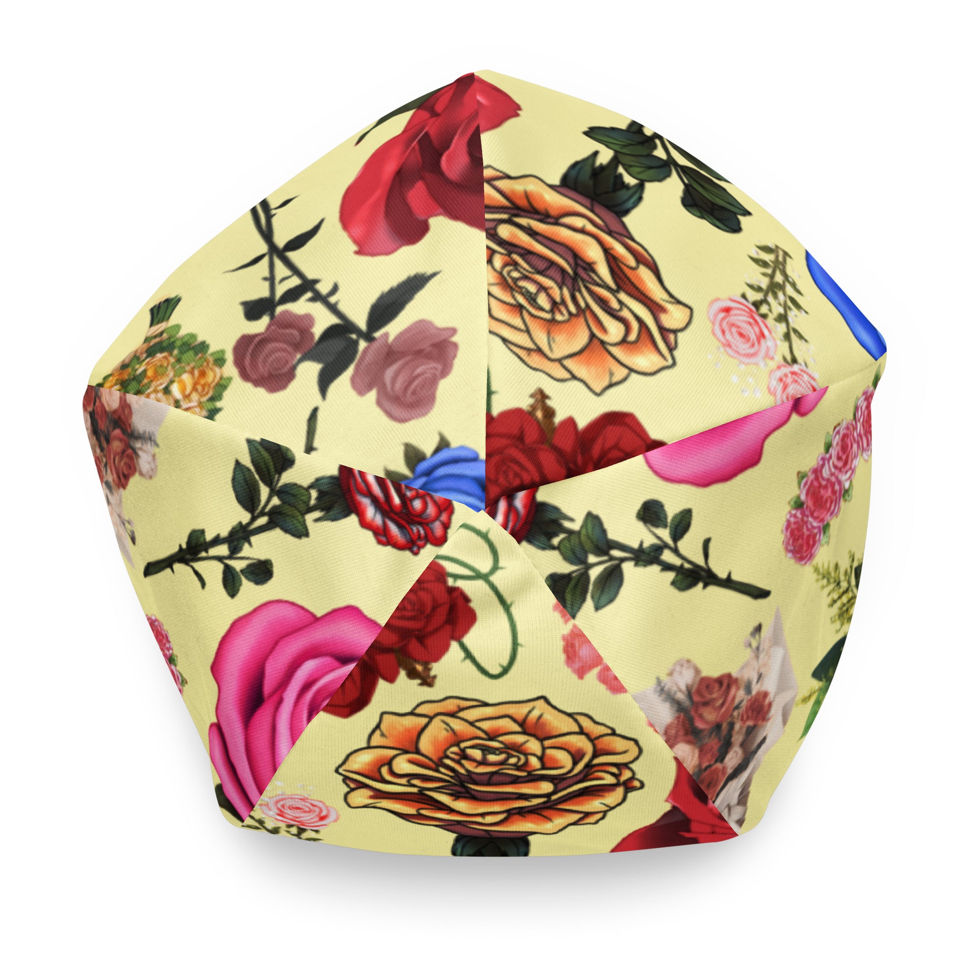 White floral print beanie by Eccentric Chemistry’s Laboratory of Strange & Stylish Things, featuring all-over colorful floral designs.