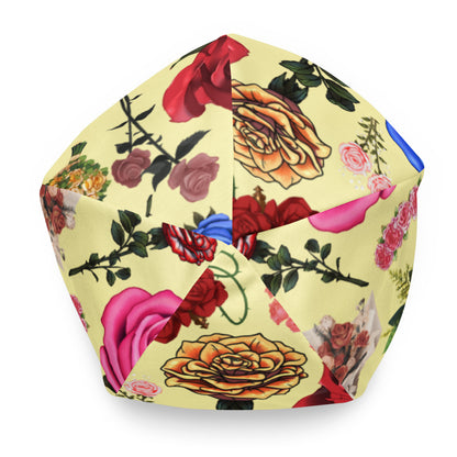 White floral print beanie by Eccentric Chemistry’s Laboratory of Strange & Stylish Things, featuring all-over colorful floral designs.