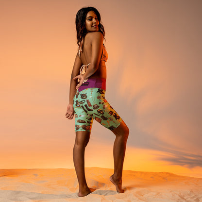 Women's bright‑steam velocity biker shorts with all-over white print from Eccentric Chemistry's Laboratory of Strange & Stylish Things.