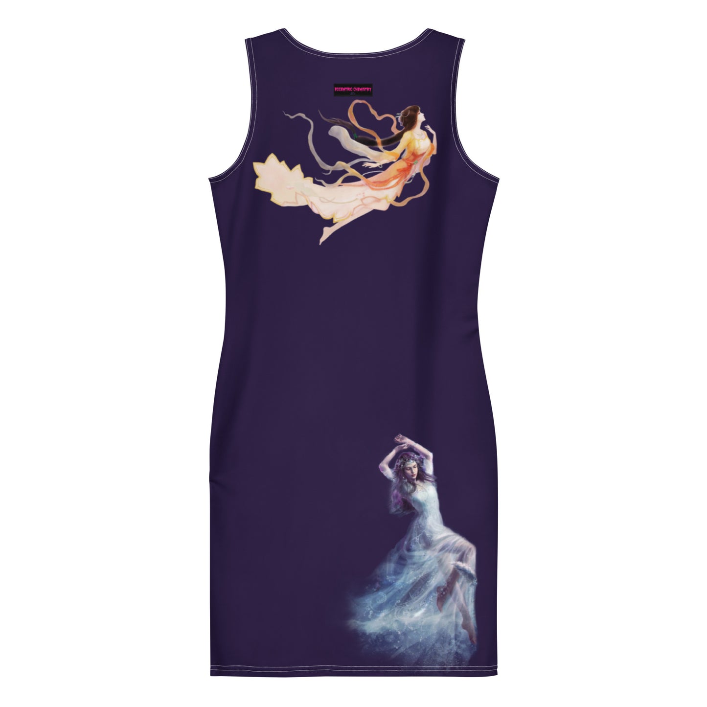 White all-over-print Bodycon Dress by Eccentric Chemistry's Midnight Goddess Experiment, shown from the back.