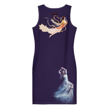 White all-over-print Bodycon Dress by Eccentric Chemistry's Midnight Goddess Experiment, shown from the back.