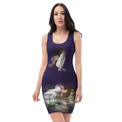 White bodycon dress with all-over print featuring intricate designs, perfect for a stylish midnight goddess look.