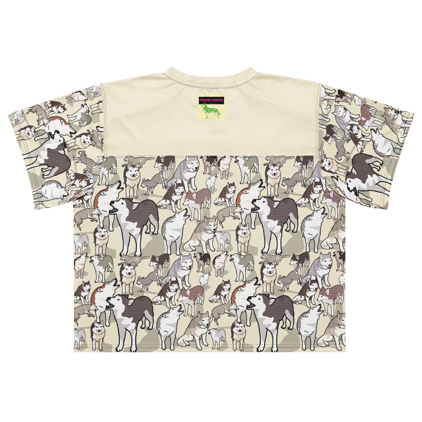 Boxy white football jersey with all-over bright Husky Field Charge design from Eccentric Chemistry’s Laboratory of Strange & Stylish Things.