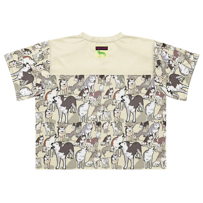 Boxy white football jersey with all-over bright Husky Field Charge design from Eccentric Chemistry’s Laboratory of Strange & Stylish Things.