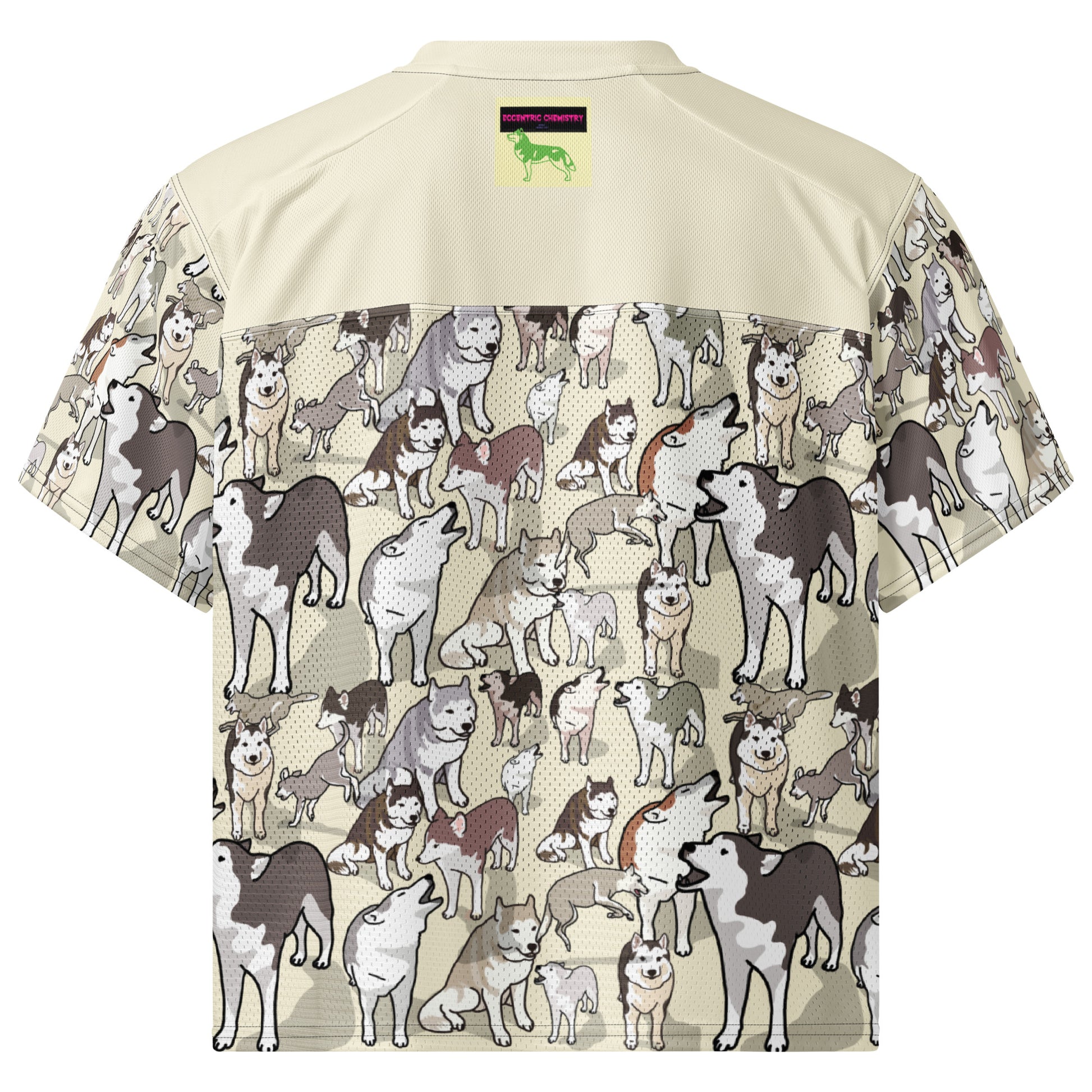 White boxy football jersey with bright husky and field charge print, from Eccentric Chemistry’s Laboratory of Strange & Stylish Things.
