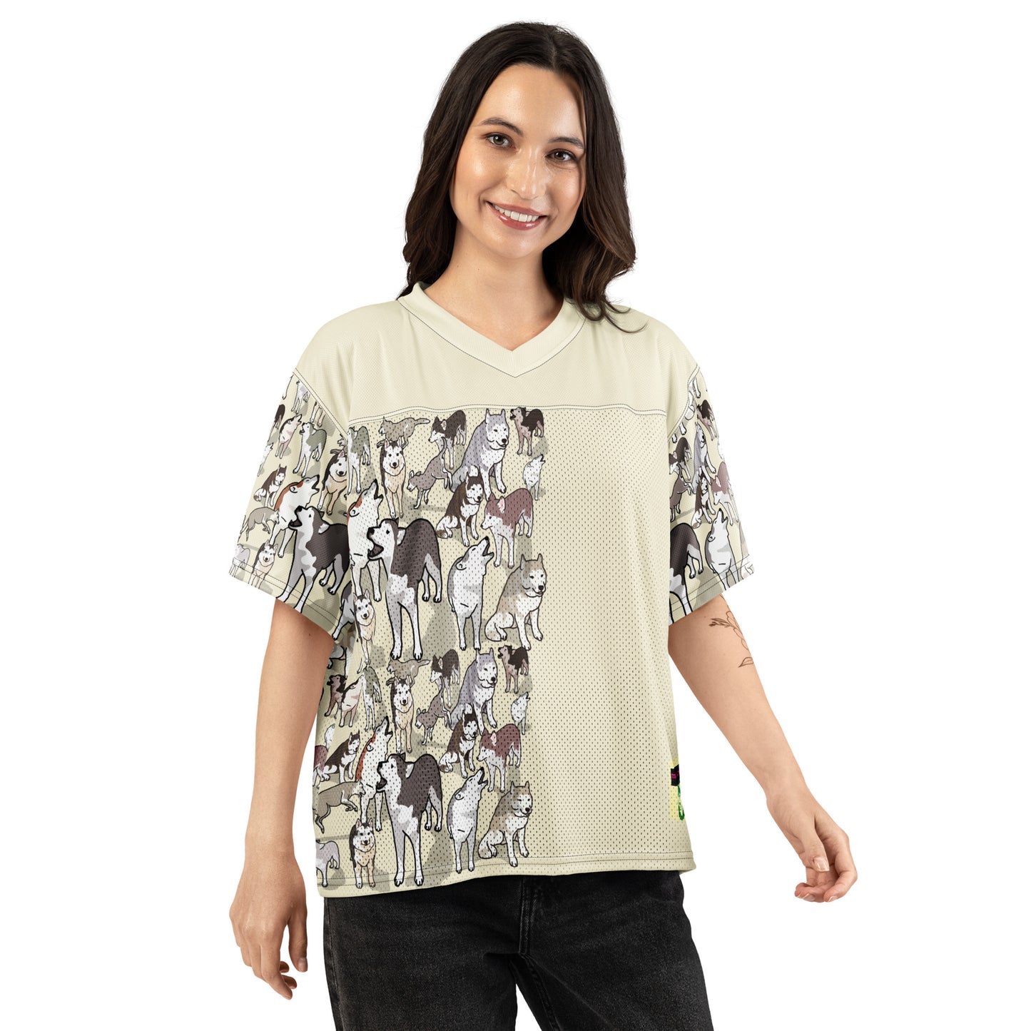 Boxy white football jersey by Eccentric Chemistry featuring bright Husky Field Charge all-over print.