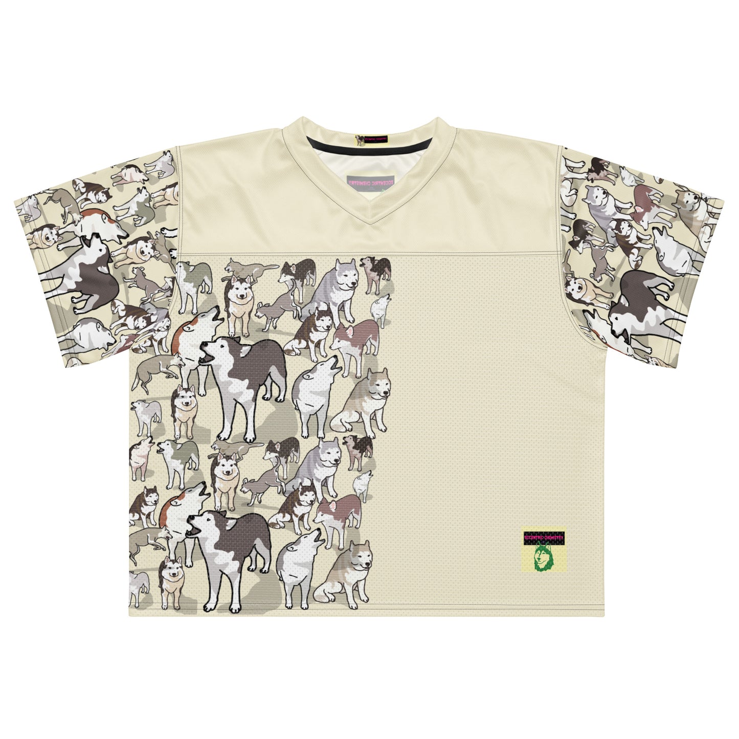 White boxy football jersey with bright Husky Field Charge experiment print, featuring all-over colorful scientific pattern from Eccentric Chemistry.