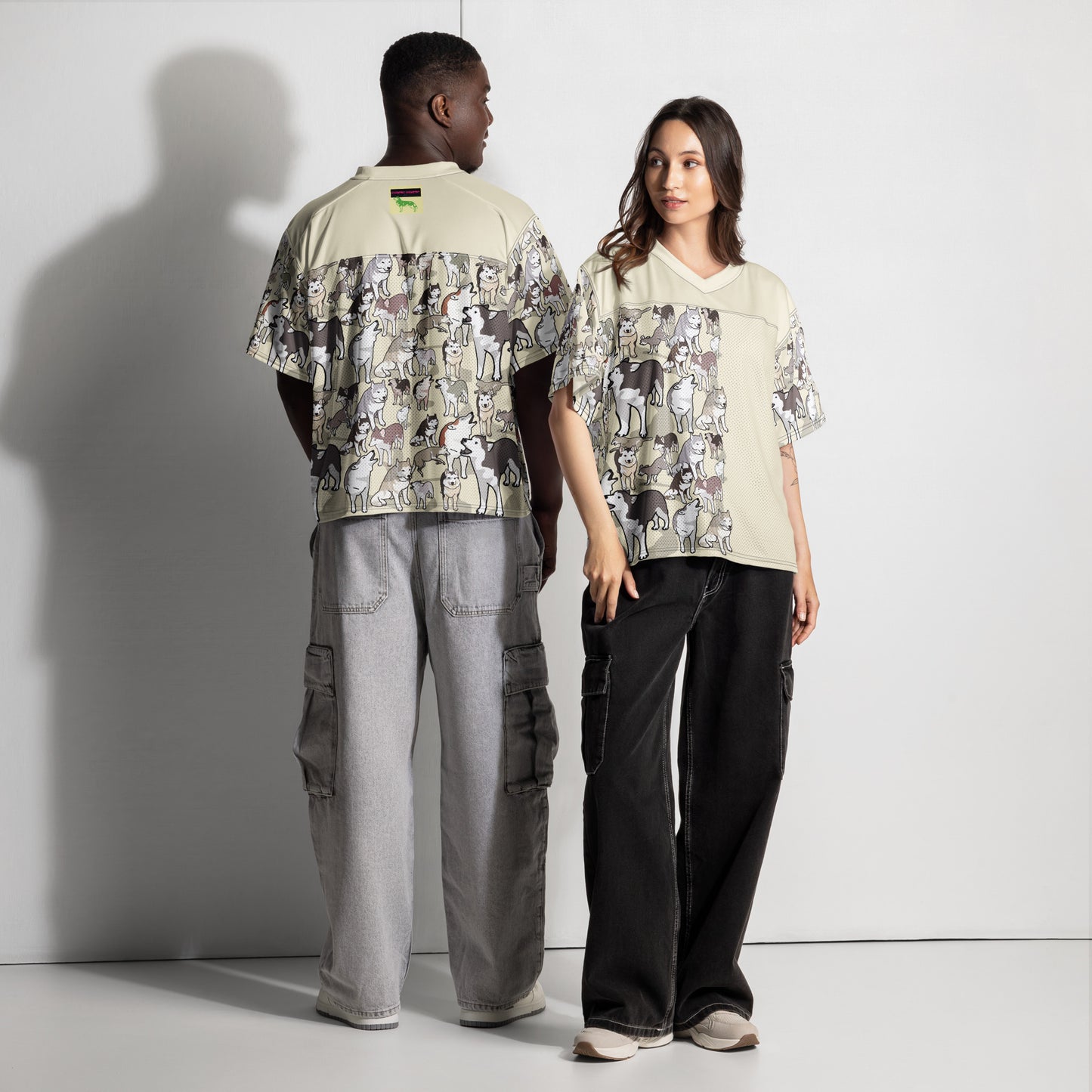 Boxy white football jersey with bright Husky and field design, by Eccentric Chemistry’s Laboratory of Strange & Stylish Things, front and back.