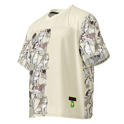 Bright white boxy football jersey by Eccentric Chemistry featuring bold Husky Field Charge experiment print on the front.