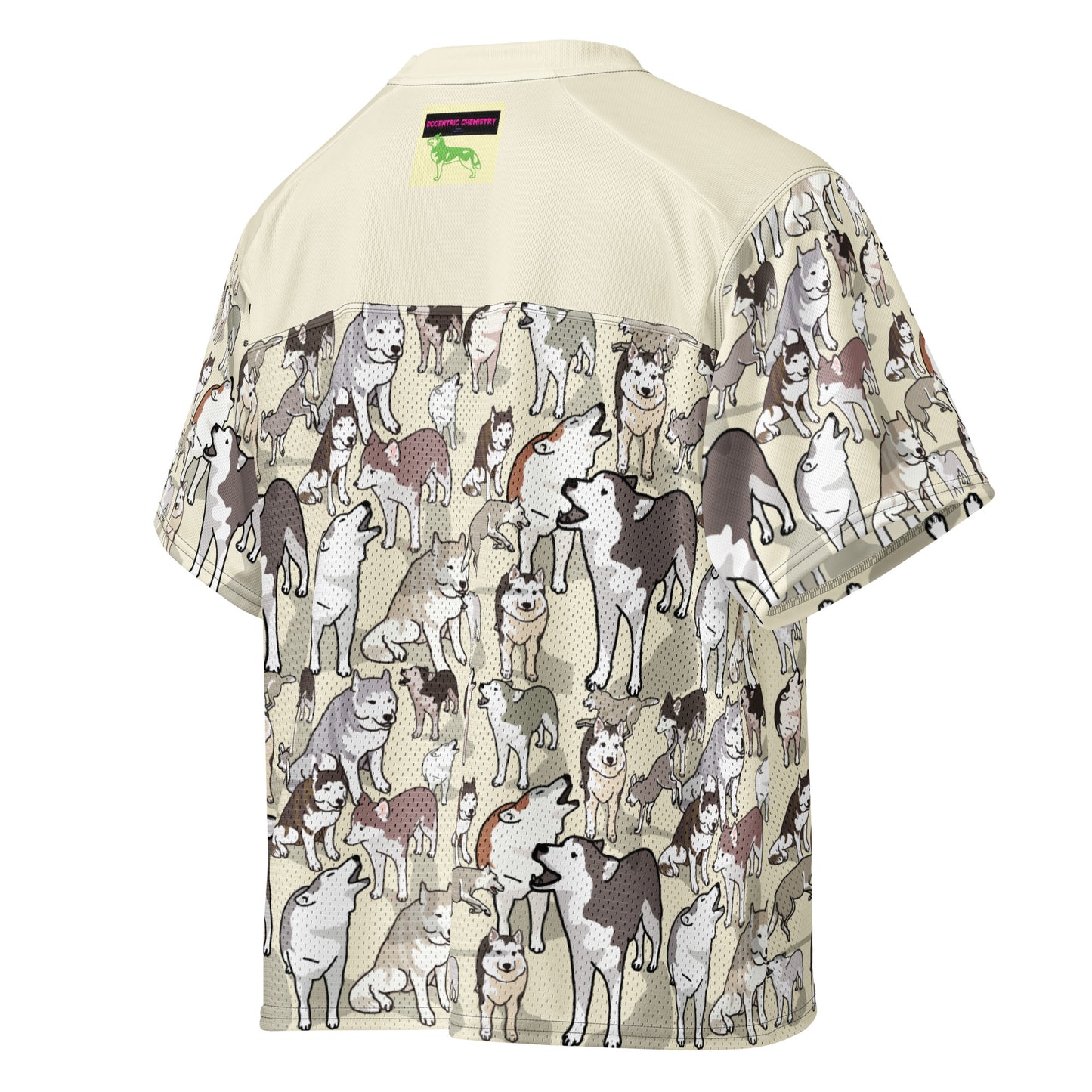 White boxy football jersey with bright Husky Field Charge design by Eccentric Chemistry, shown from the right back angle.