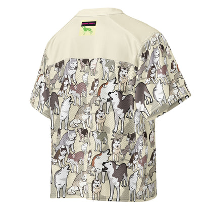 White boxy football jersey with bright Husky Field Charge design by Eccentric Chemistry, shown from the right back angle.