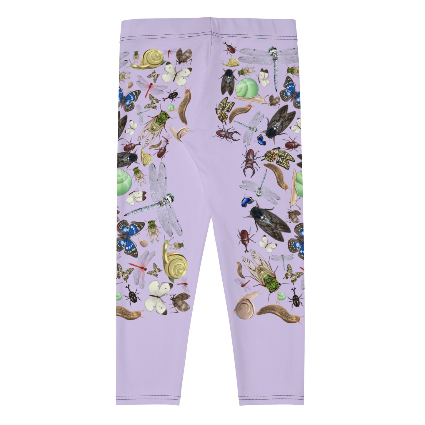 Women's Capri Leggings featuring insect garden print from Eccentric Chemistry's Laboratory of Strange & Stylish Things, all-over white design.