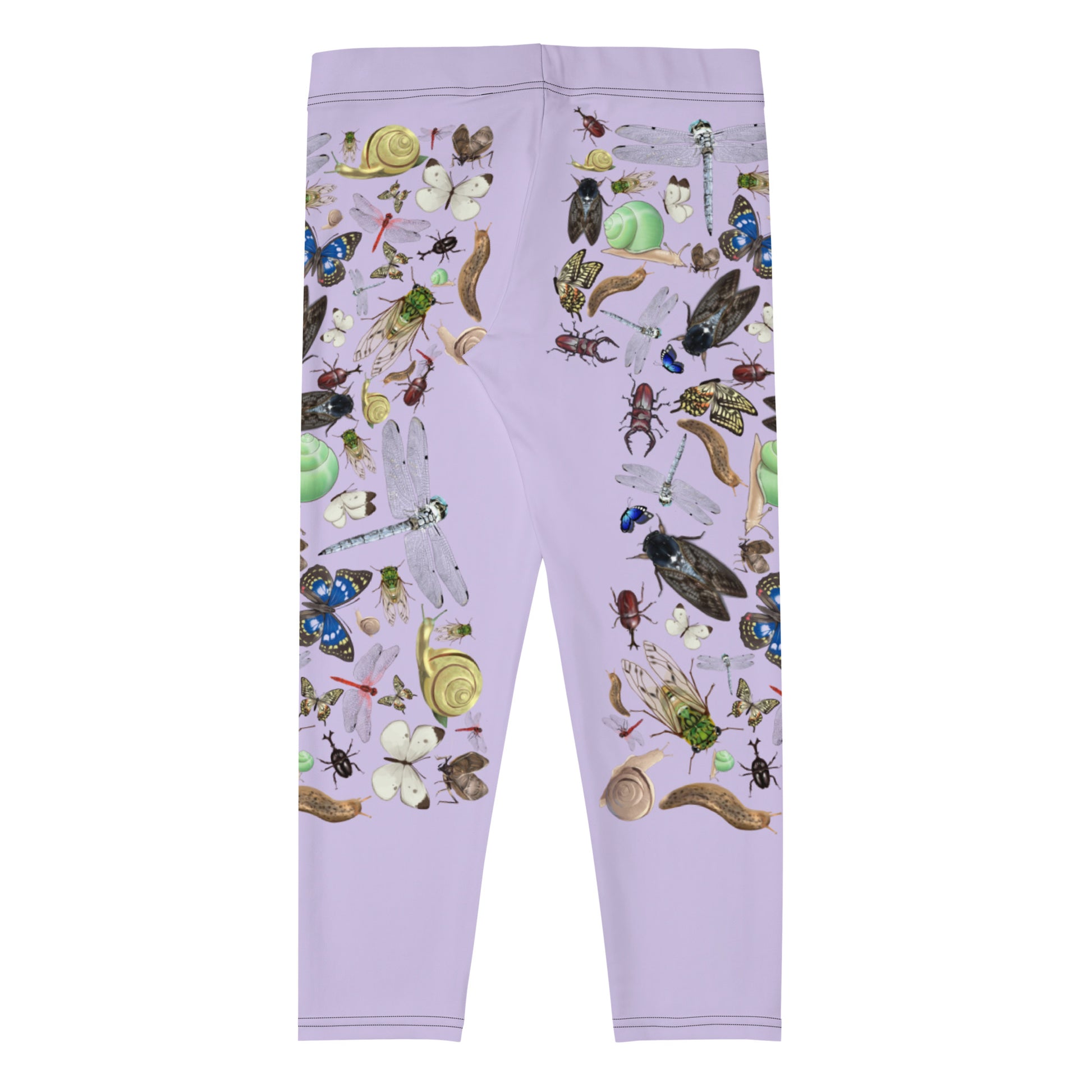 Women's Capri Leggings featuring insect garden print from Eccentric Chemistry's Laboratory of Strange & Stylish Things, all-over white design.
