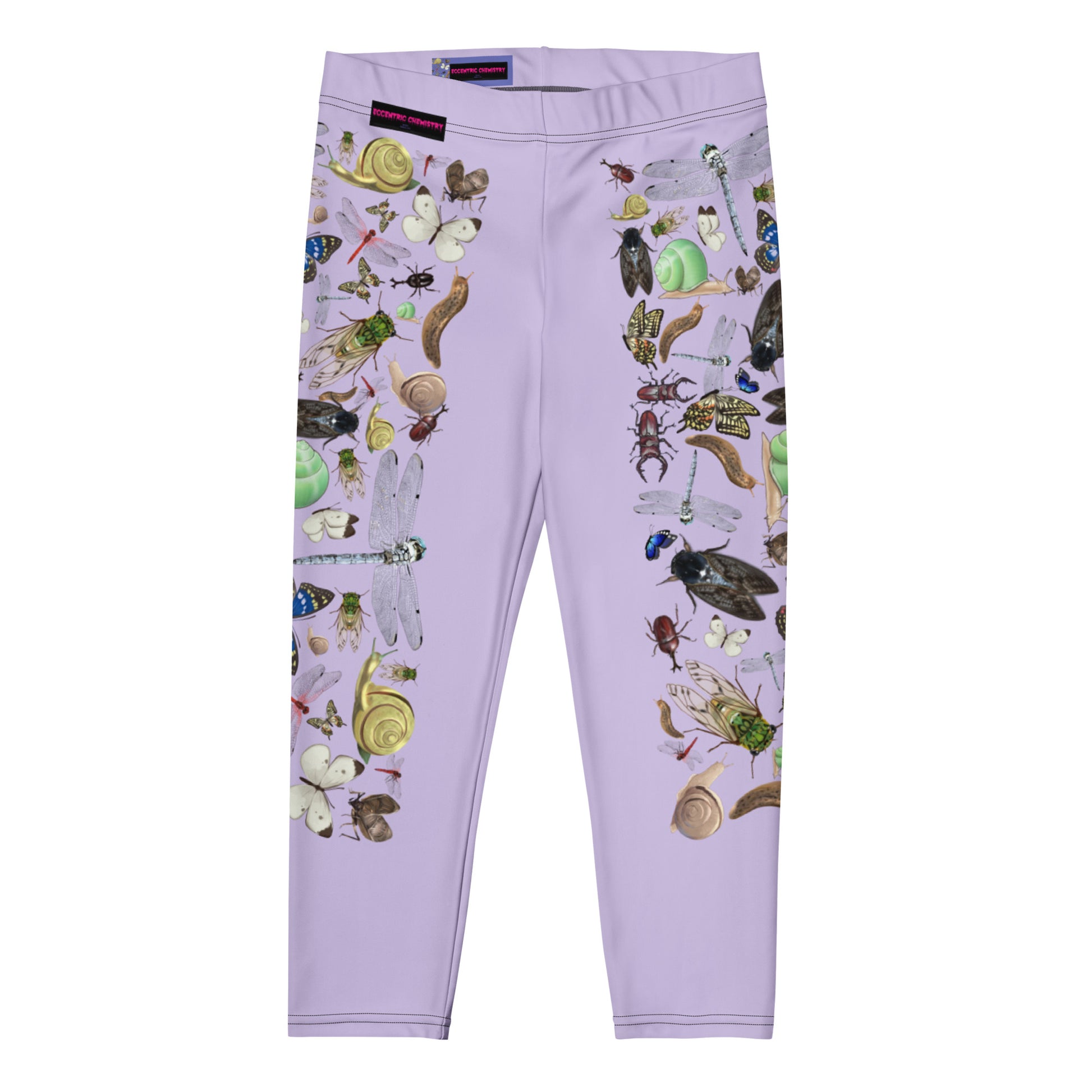 Women's Capri Leggings with insect garden print by Eccentric Chemistry, featuring an all-over white botanical design.