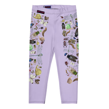Women's Capri Leggings with insect garden print by Eccentric Chemistry, featuring an all-over white botanical design.