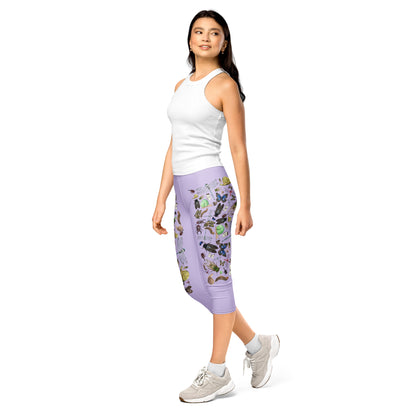 Women's Capri leggings with insect garden print from Eccentric Chemistry's Laboratory of Strange & Stylish Things, featuring a white all-over design.