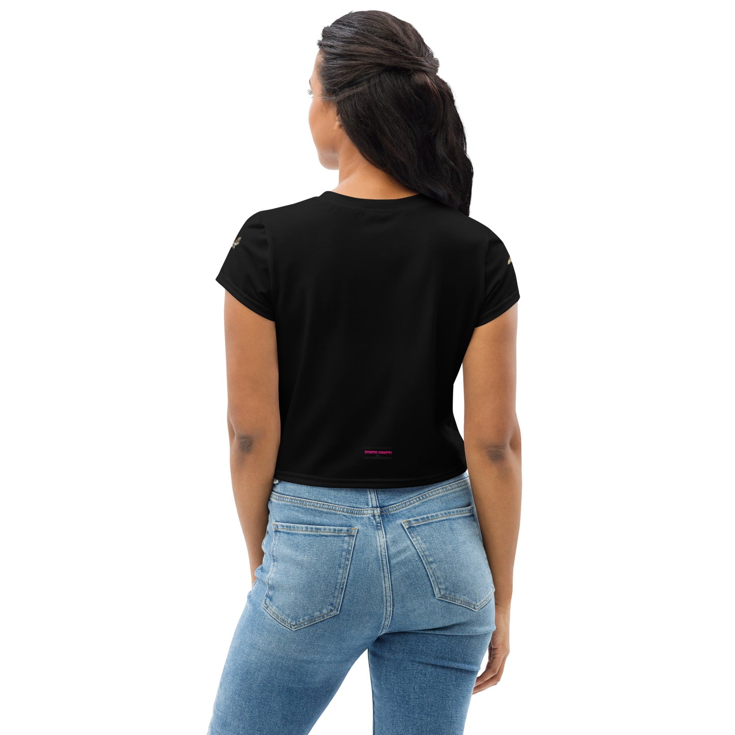Unisex white crop tee featuring a bee queen experiment graphic from Eccentric Chemistry's Tiny Shop of T-Shirt Horrors.
