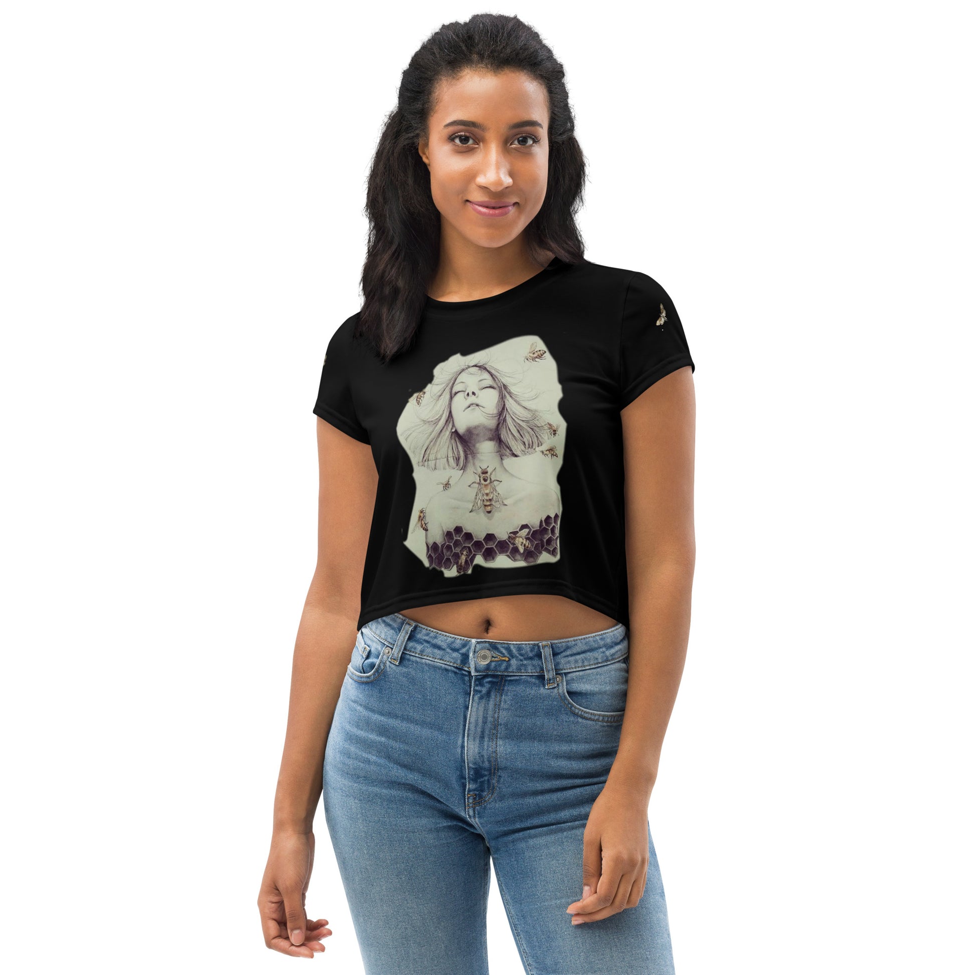 Unisex white crop tee featuring a bee queen experiment all-over print from Eccentric Chemistry's T-Shirt Horrors collection.