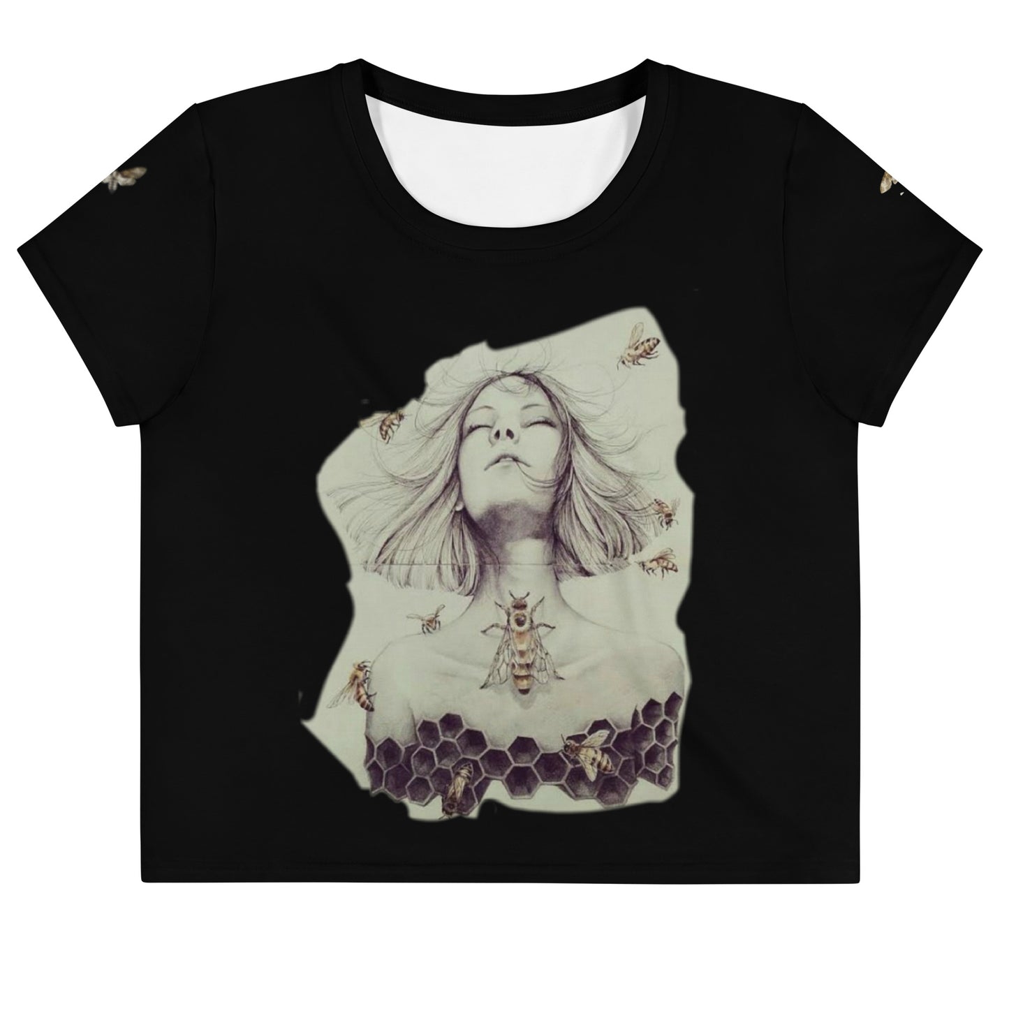 Unisex white crop tee with bee queen experiment all-over print from Eccentric Chemistry's T-Shirt Horrors collection.