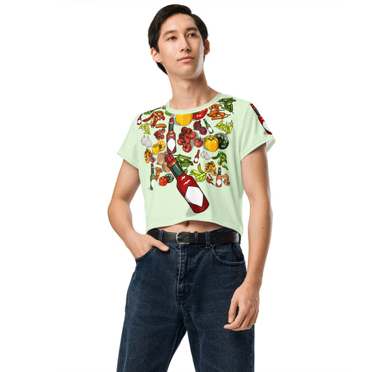 Unisex white crop tee with vibrant Southern Flavor Fire Burst design by Eccentric Chemistry, all-over print style.