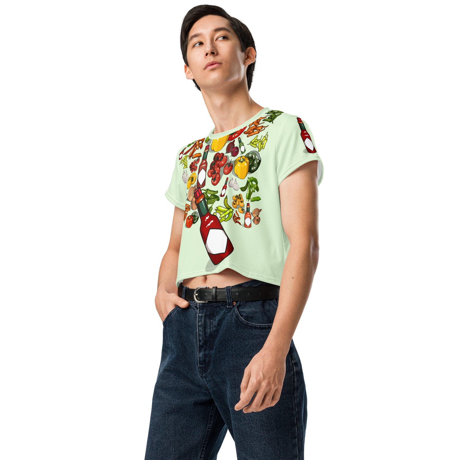 Unisex white crop tee with Southern Flavor Fire Burst design, all-over print, from Eccentric Chemistry’s Laboratory of Strange & Stylish Things.