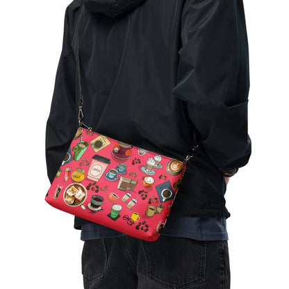 Black all-over print crossbody bag with caffeine molecule design from Eccentric Chemistry's Caffeine Comfort Experiment collection.