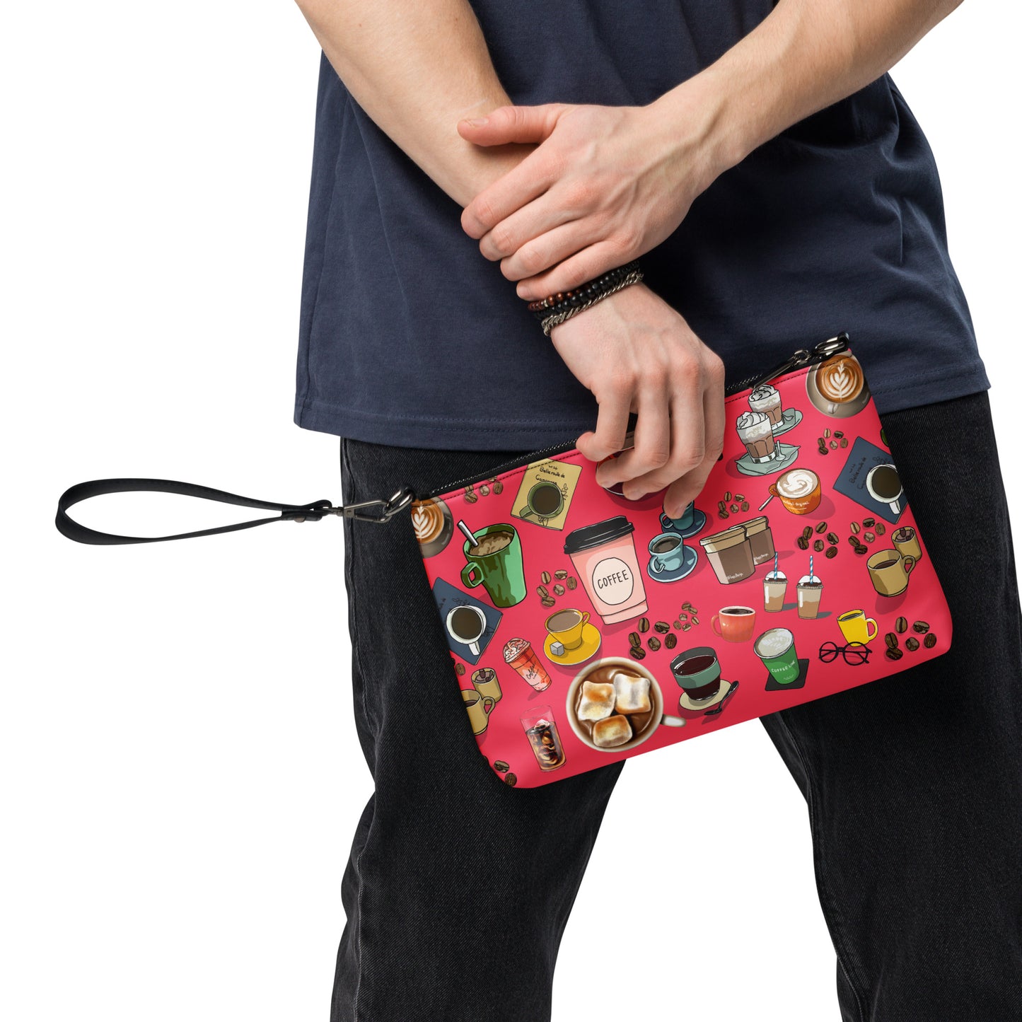 All-over print black crossbody bag featuring caffeine molecule design from Eccentric Chemistry's Laboratory of Strange & Stylish Things.